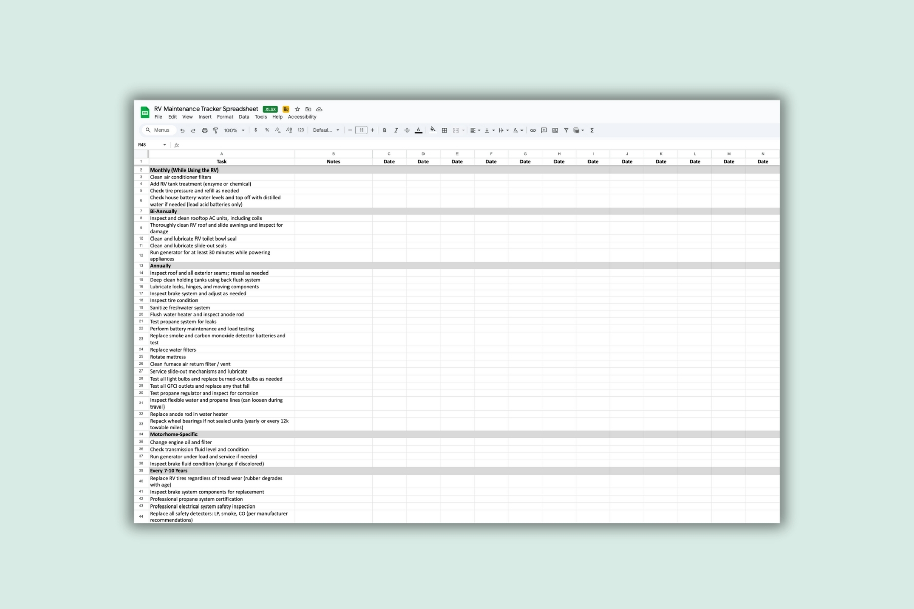 FREE RV Maintenance Checklist Spreadsheet